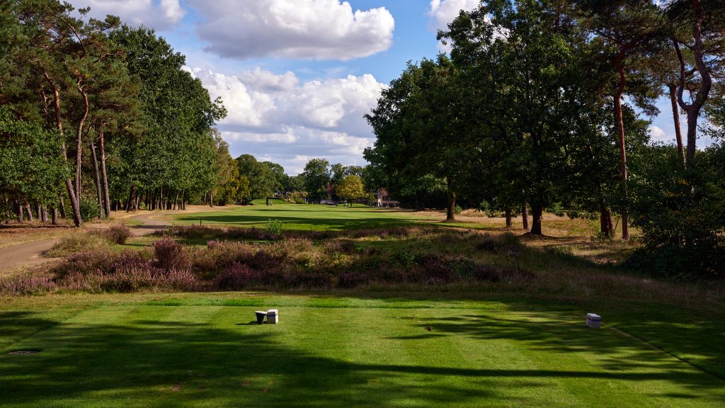Uitzicht vanaf de afslagplaats van hole 18 bij The Duke op de fairway, omringd door bomen en heide